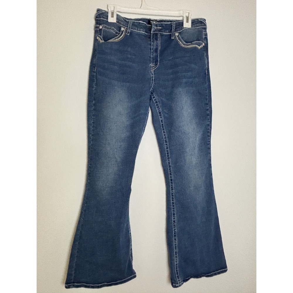 Vintage Almost Famous Flare Jeans Medium‎ Wash Blue Embroidered Pockets Size 13